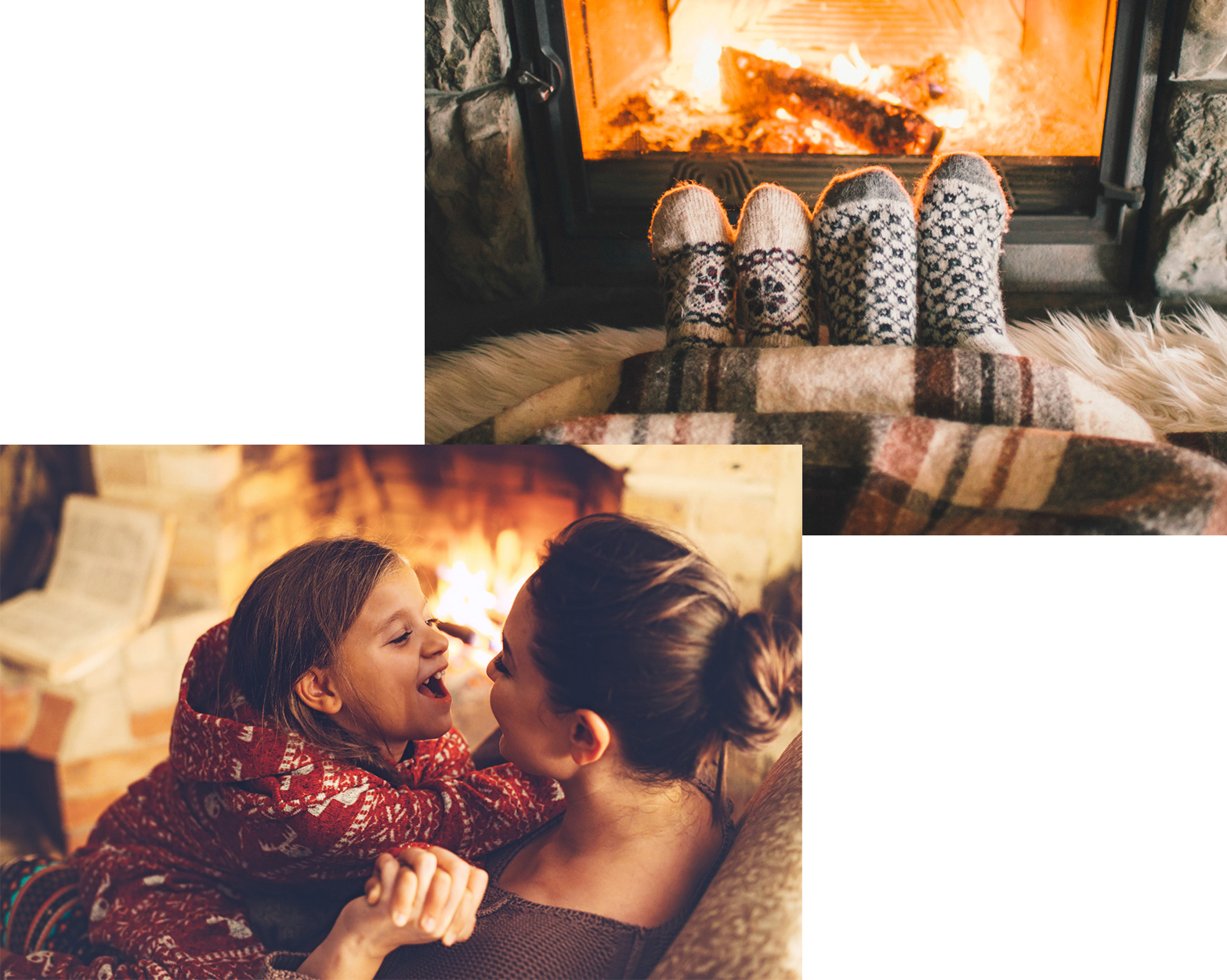 Warming feet by the fire, mother and daughter by the fire