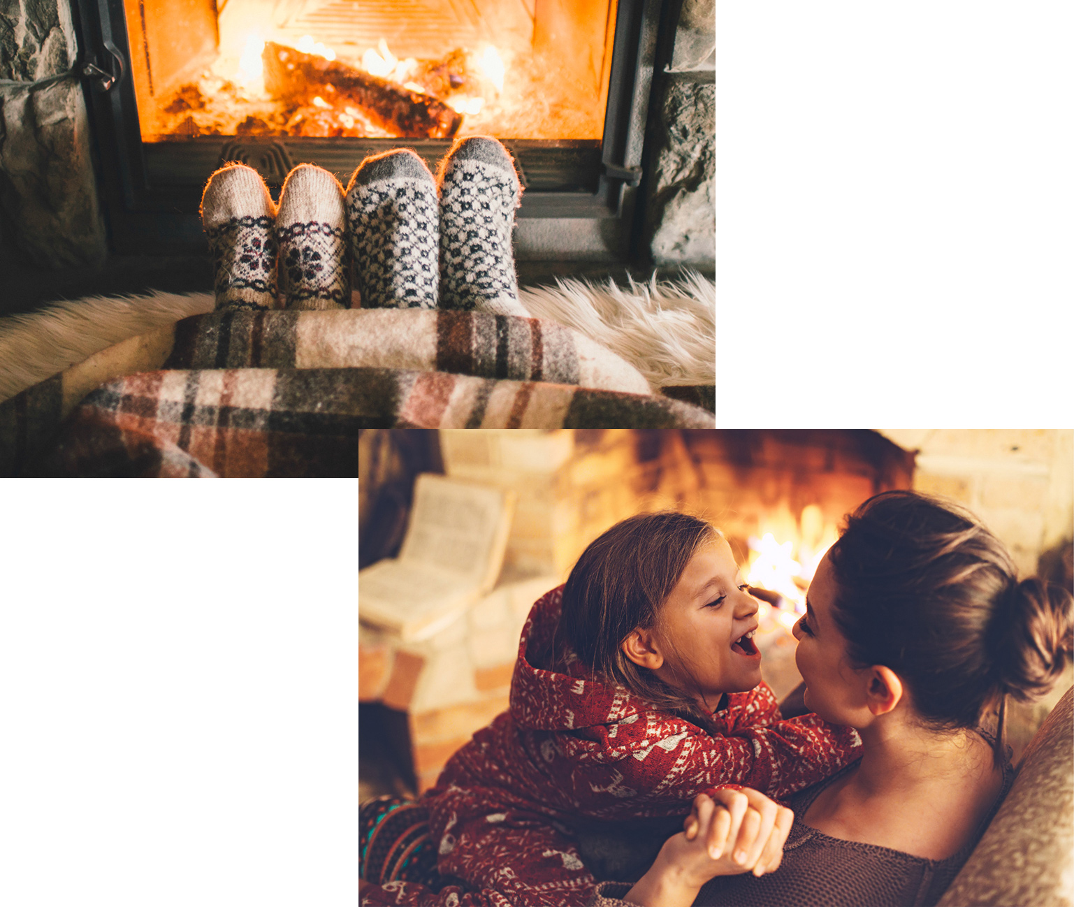 Warming feet by the fire, mother and daughter by the fire